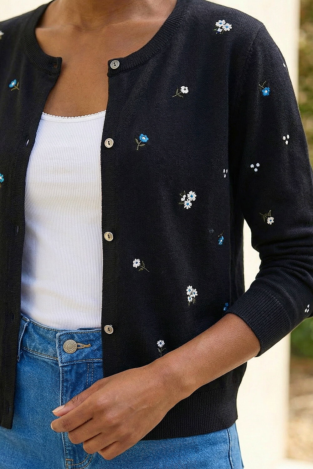 Black Floral Embroidered Knit Cardigan, Image 5 of 4