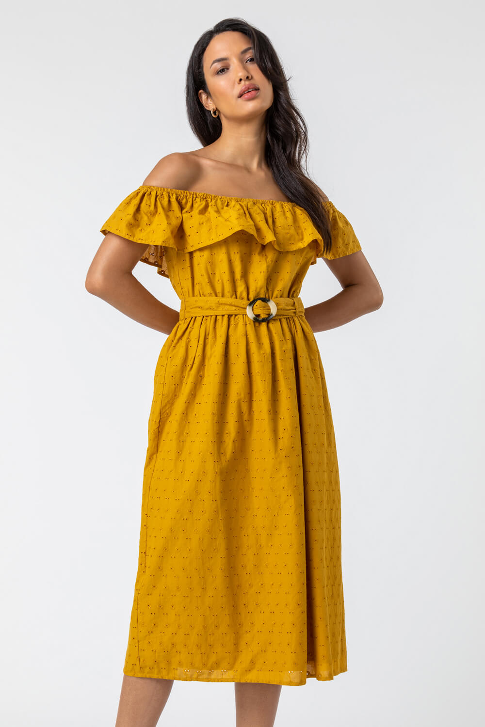 Ochre Broderie Belted Bardot Dress, Image 4 of 5