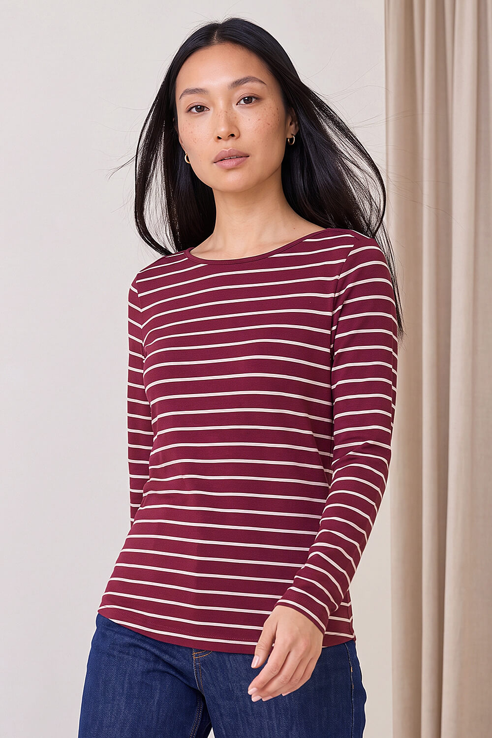 Roman Women's Burgundy Stripe Print Soft Touch Top Size 18