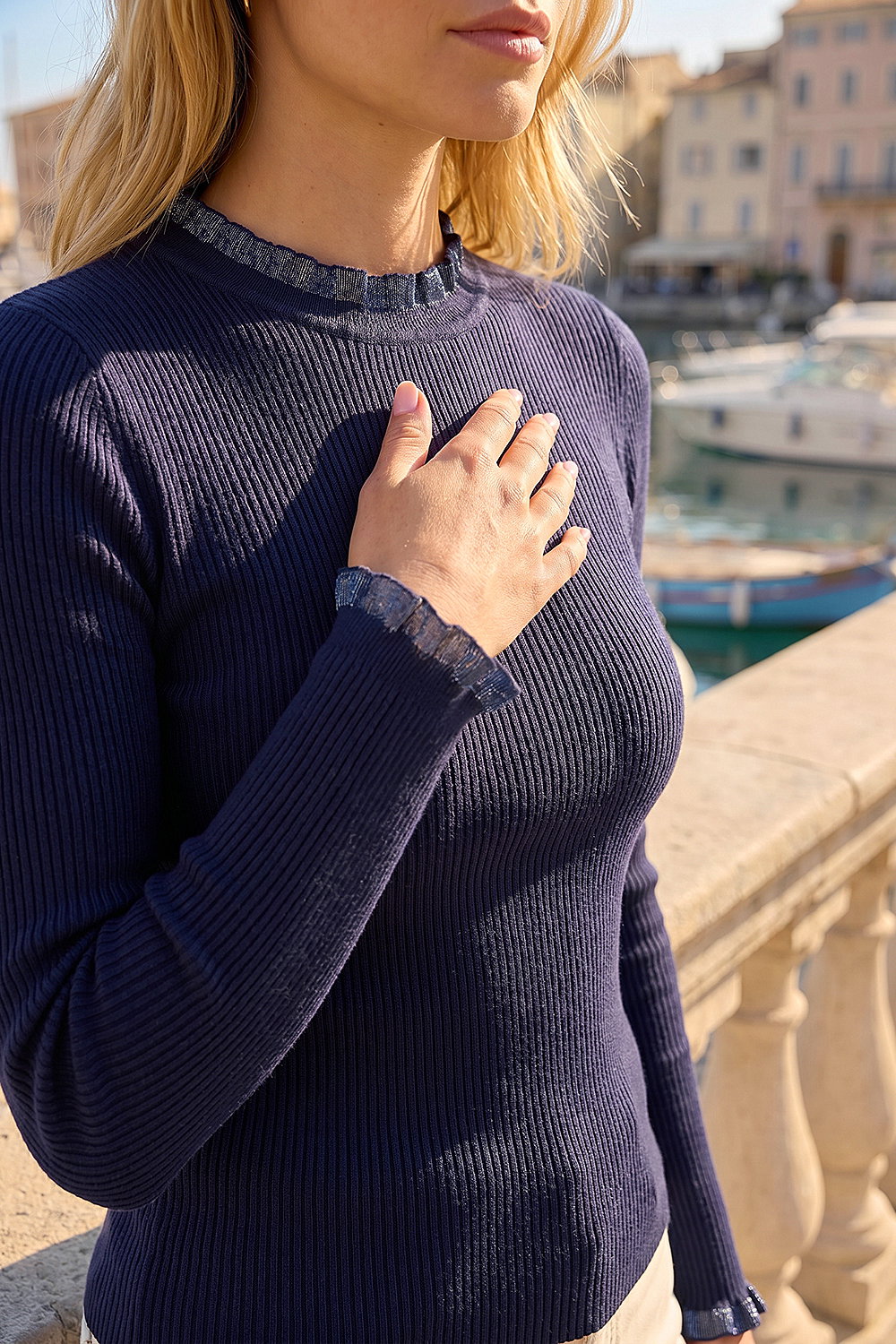Navy  Woven Trim Ribbed Knit Jumper, Image 5 of 4