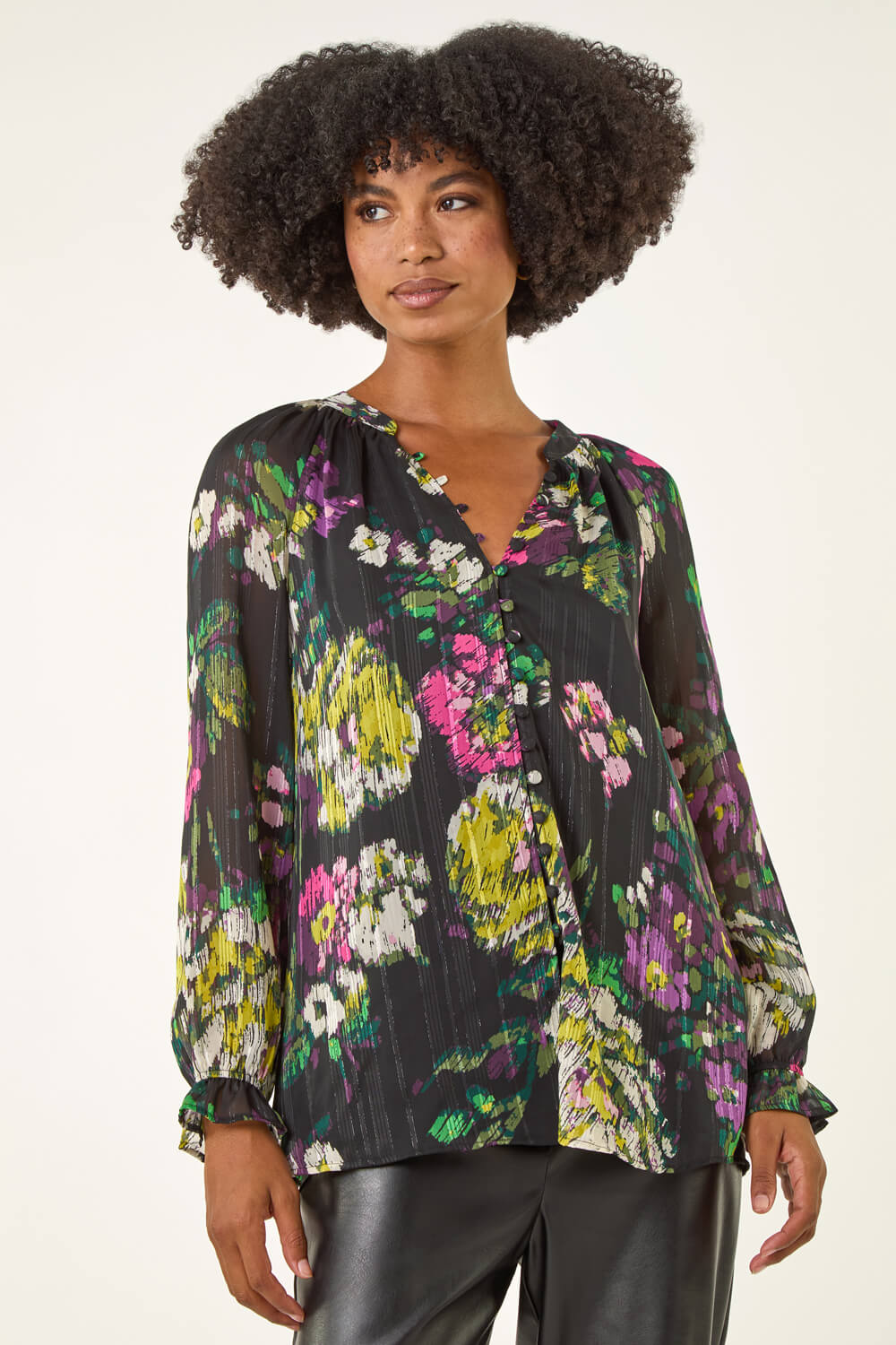 Black Metallic Floral Print Blouse , Image 5 of 5