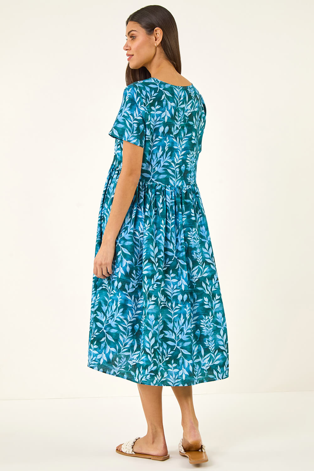 Blue Leaf Print Smock Midi Dress, Image 4 of 5