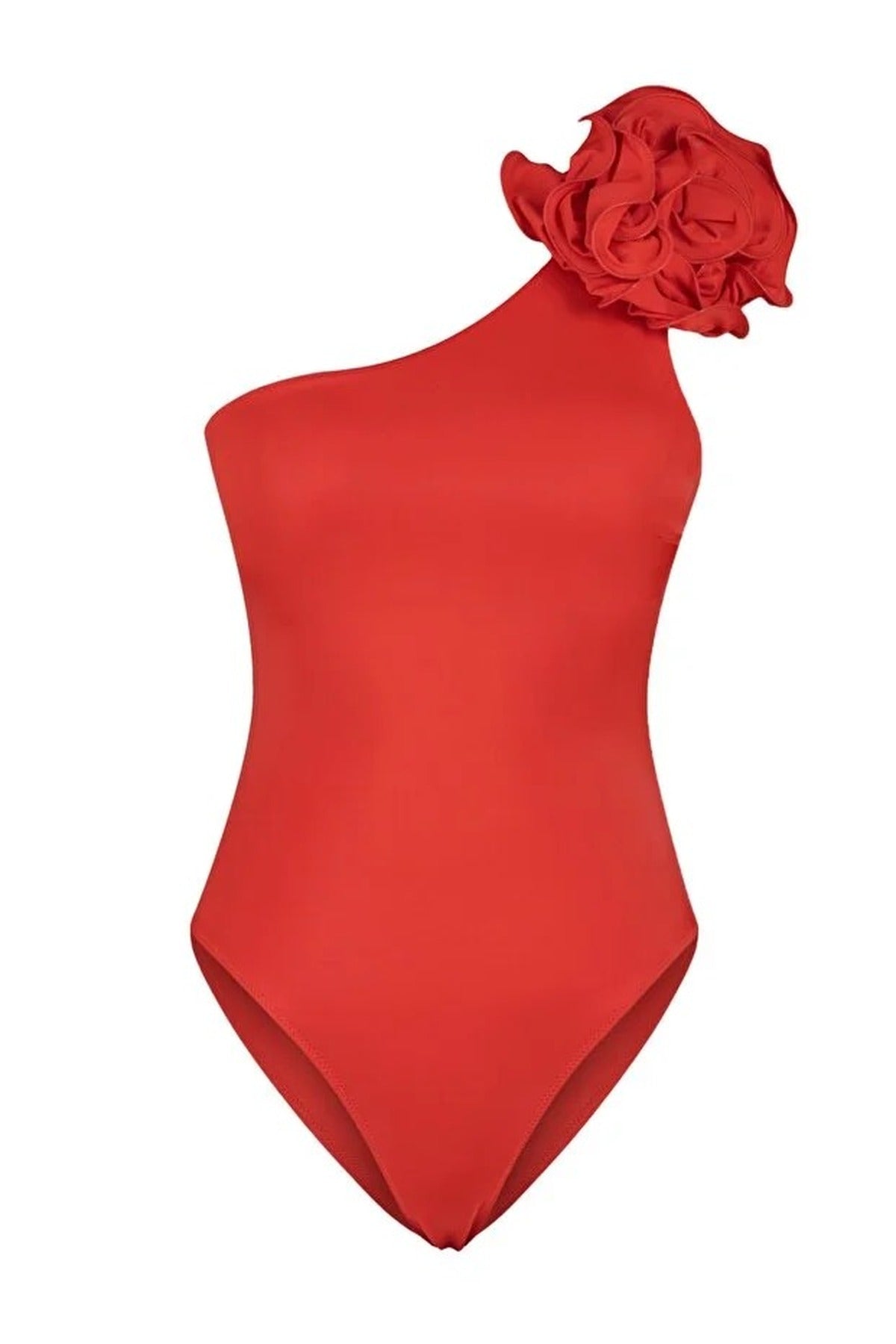 Red One Shoulder Applique Detail Asymmetric Swimsuit, Image 3 of 6