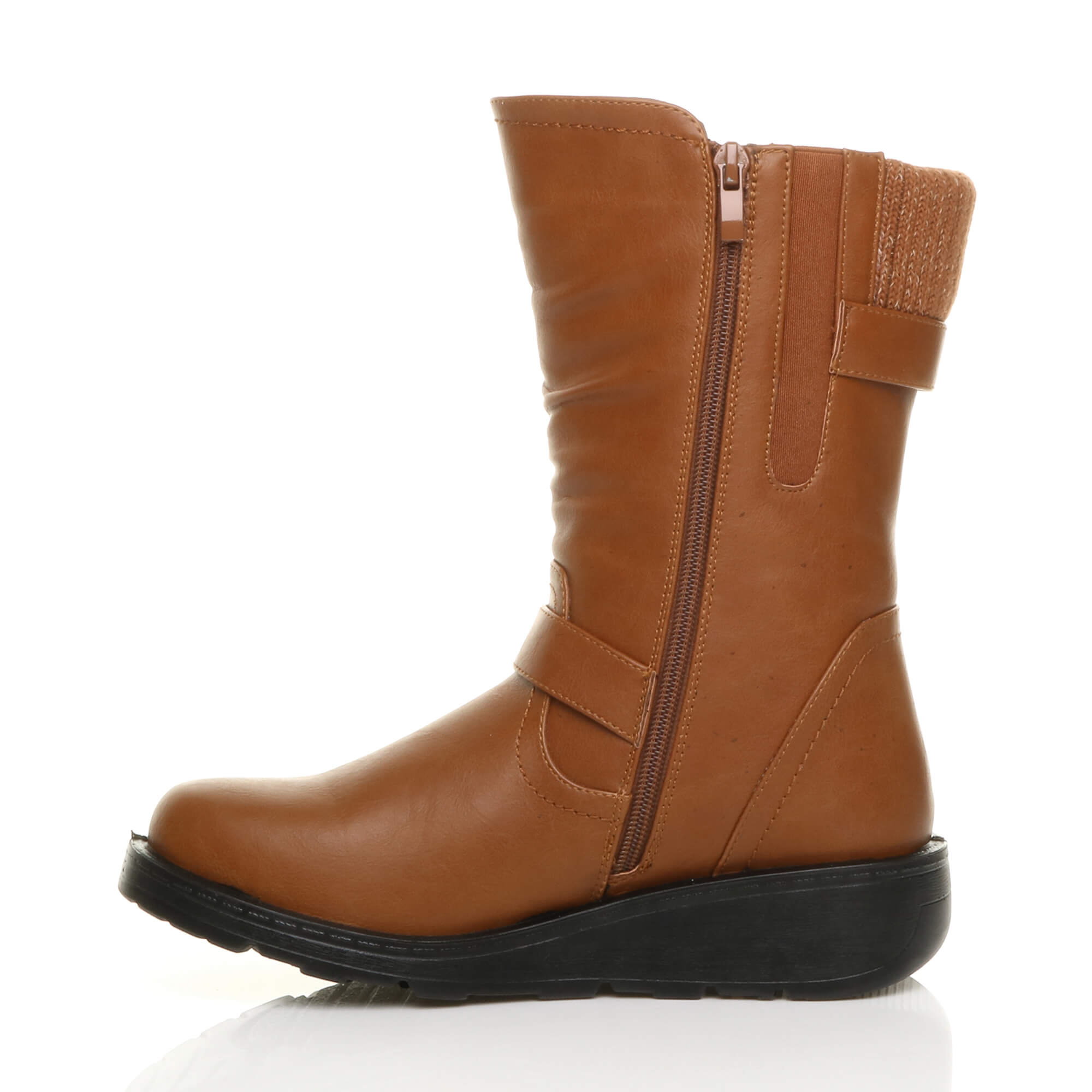 Tan Low Wedge Heel Comfort Calf Biker Boots, Image 3 of 6