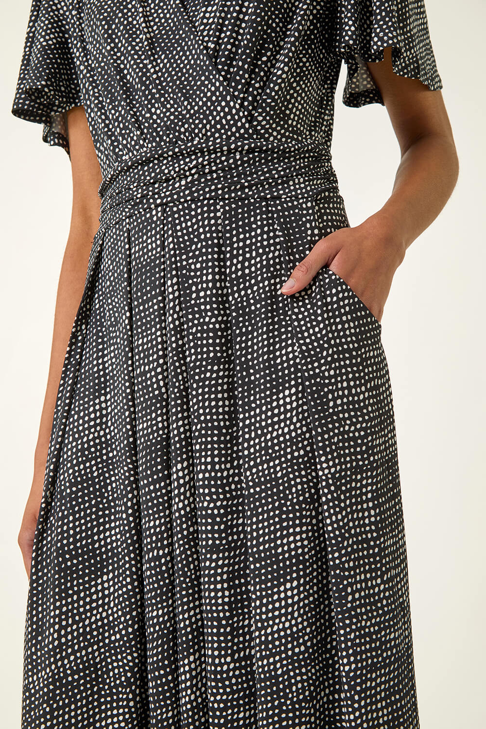 Black Spot V-Neck Midi Wrap Dress, Image 6 of 5