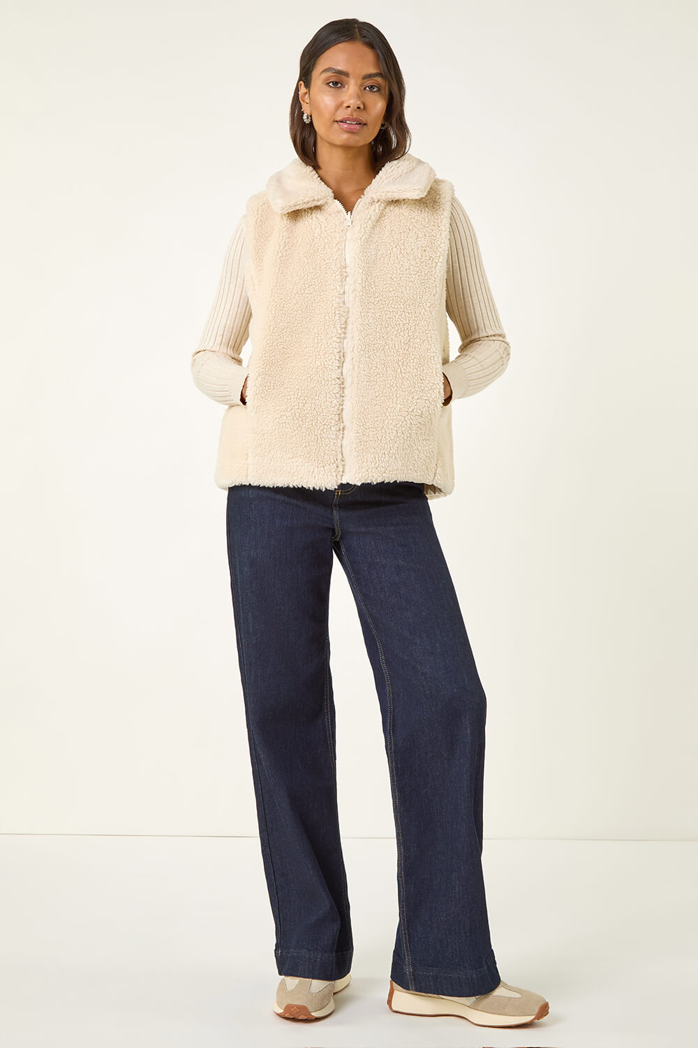 Cream Reversible Fur Zip Gilet | Roman UK