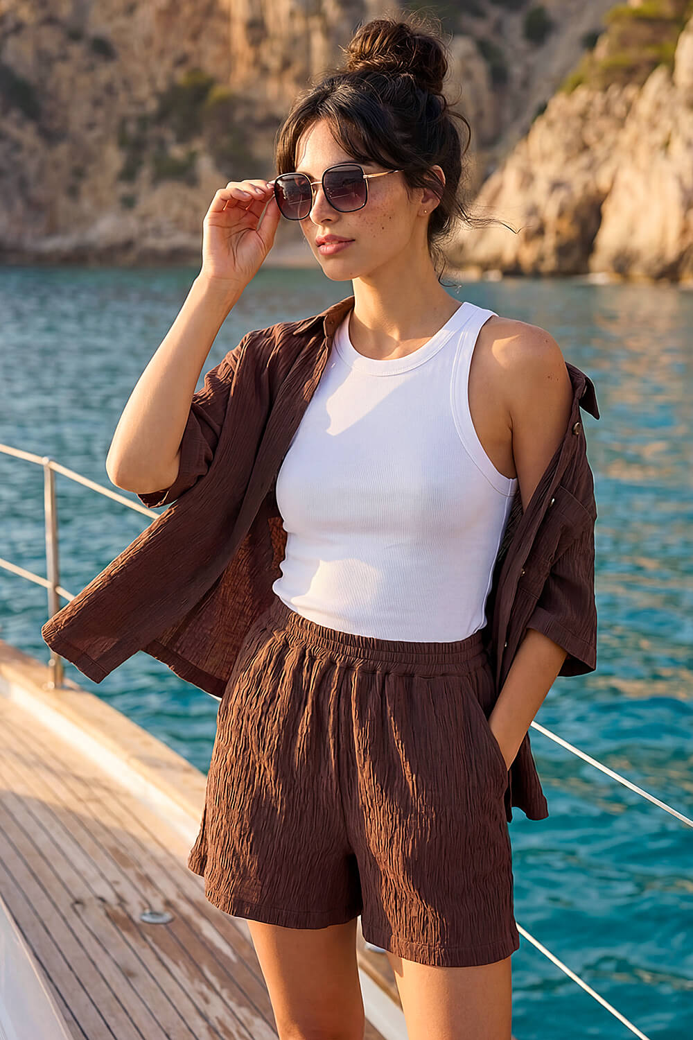 Brown Dusk Textured Elastic Waist Shorts, Image 6 of 5