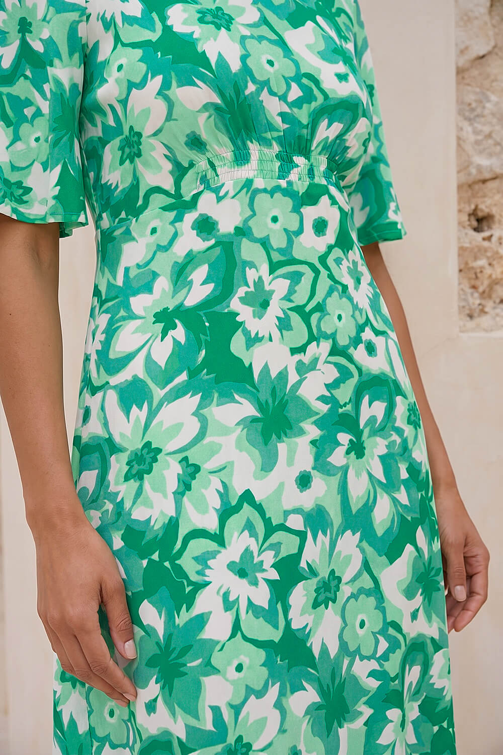 Teal Floral Print Angel Sleeve Midi Dress, Image 5 of 4