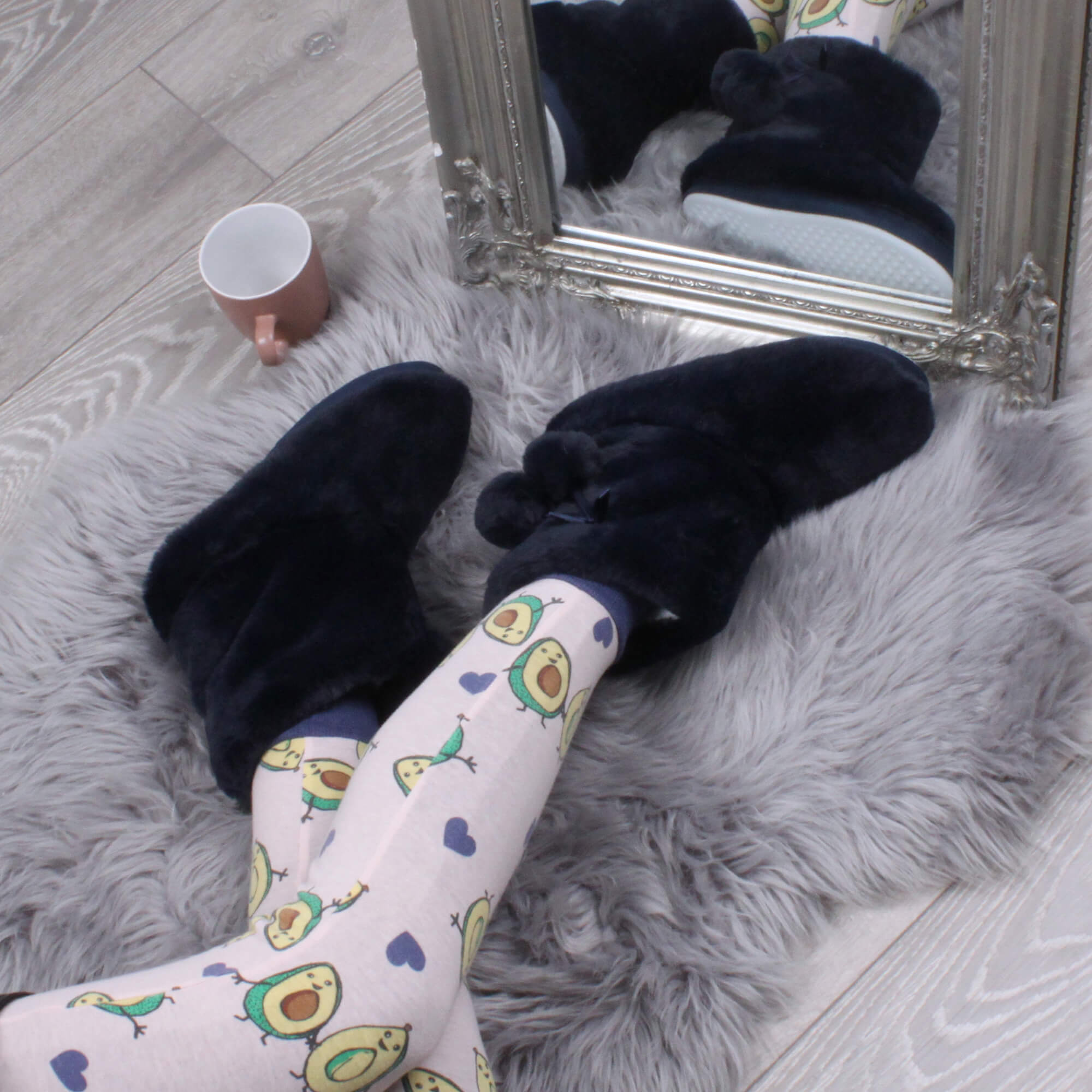 Navy Blue AJVANI Navy Blue Faux Fur Lined Slip On Memory Foam Mules Slippers, Image 5 of 6