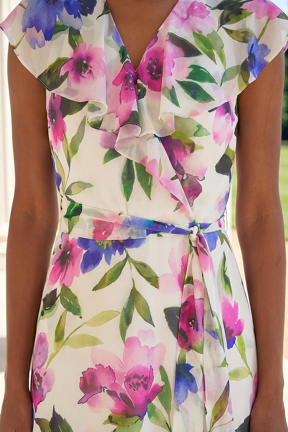 White Floral Frill Wrap Midi Dress, Image 5 of 4