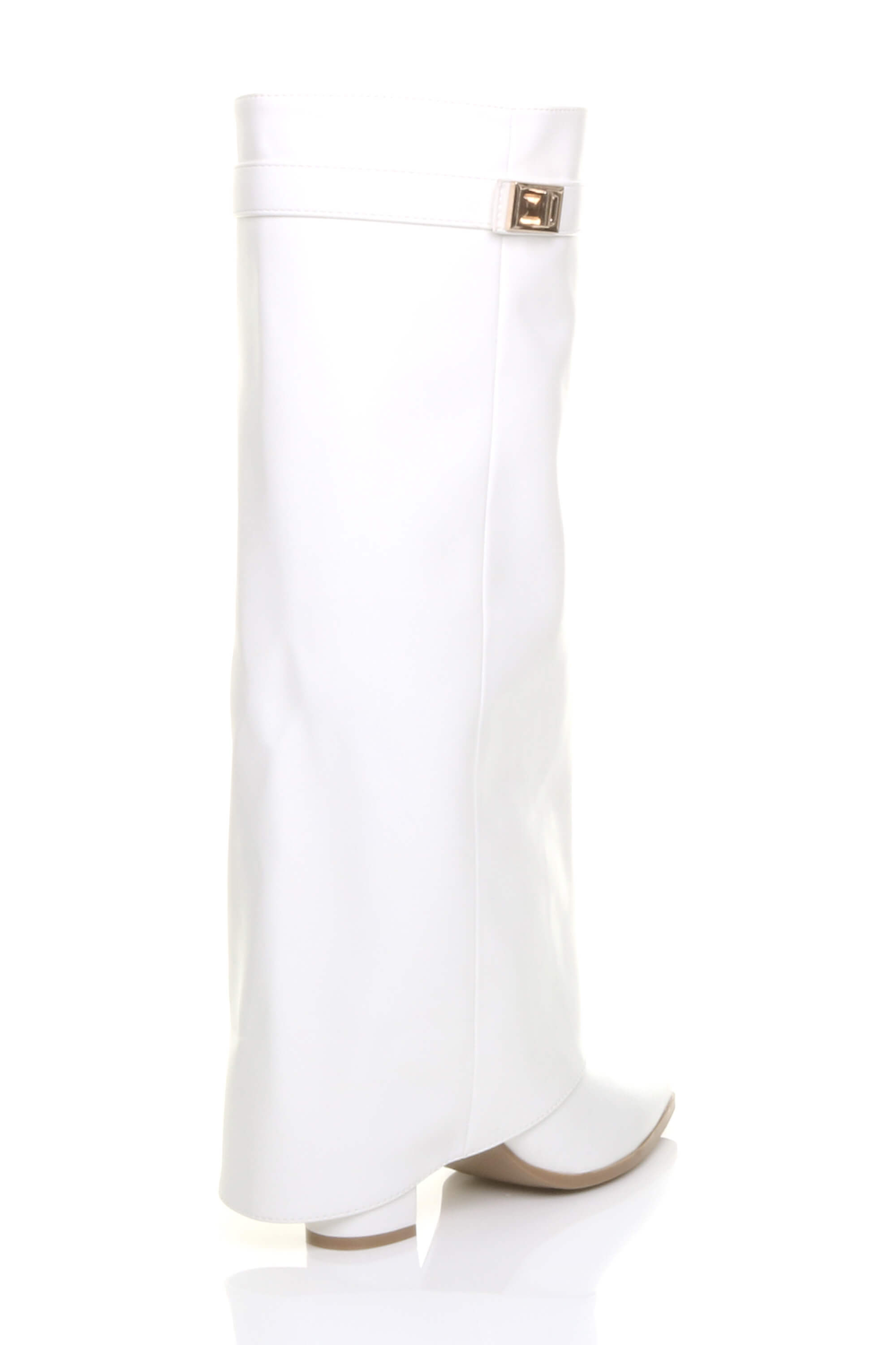 White AJVANI White High Block Heel Pointed Toe Fold Over Knee Boots, Image 4 of 4