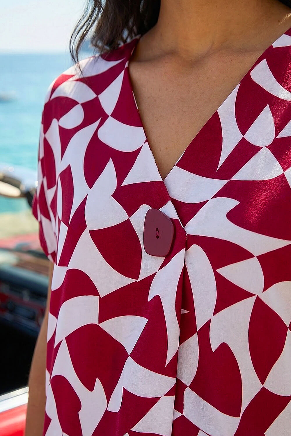 Red Abstract Print V-Neck Stretch Top, Image 5 of 4
