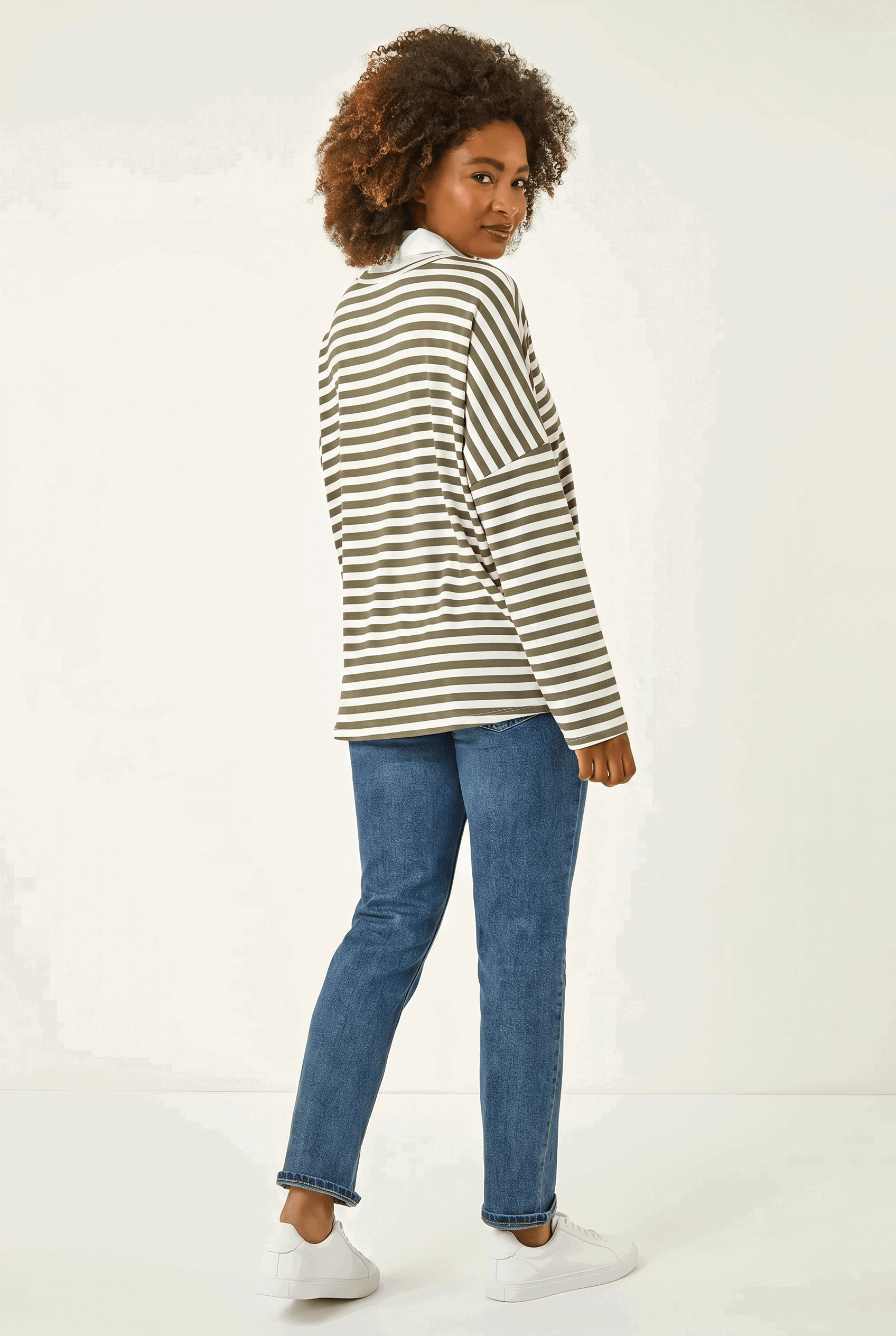 Khaki Stripe Mock Shirt Top, Image 3 of 5