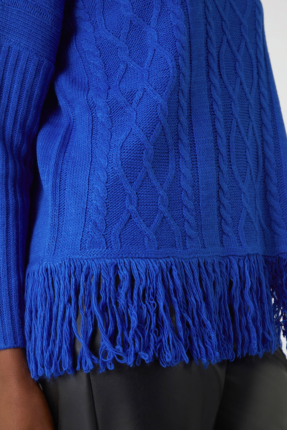 Blue Cable Knit Roll Neck Fringed Jumper, Image 7 of 6
