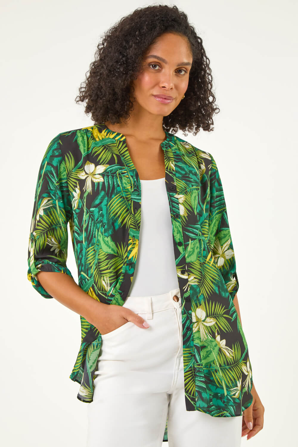 Roman Women's Green Tropical Print Woven Overshirt Size 14