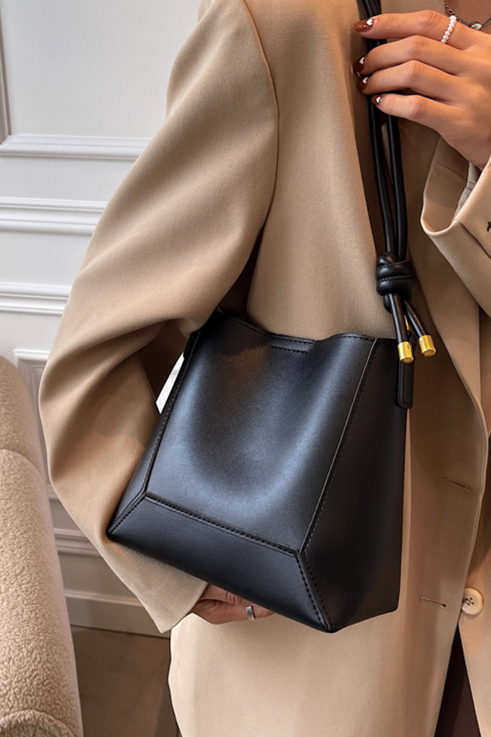 Black 'Rhiannanon' Faux Leather Shoulder Tote Bag With Adjustable Strap
