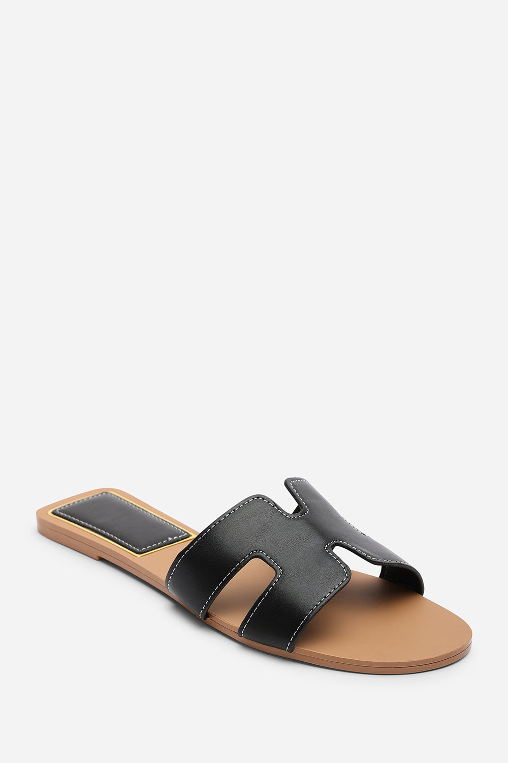 Black Grazia Cut Out Design Wide Fit Slide On Sandals With Contrast Stitching