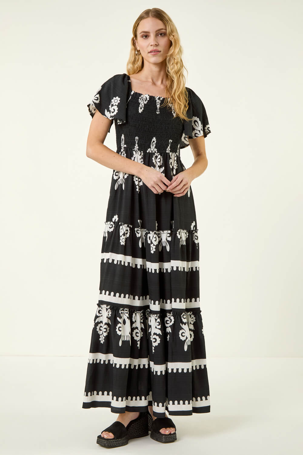 Black Border Print Shirred Maxi Dress, Image 3 of 5
