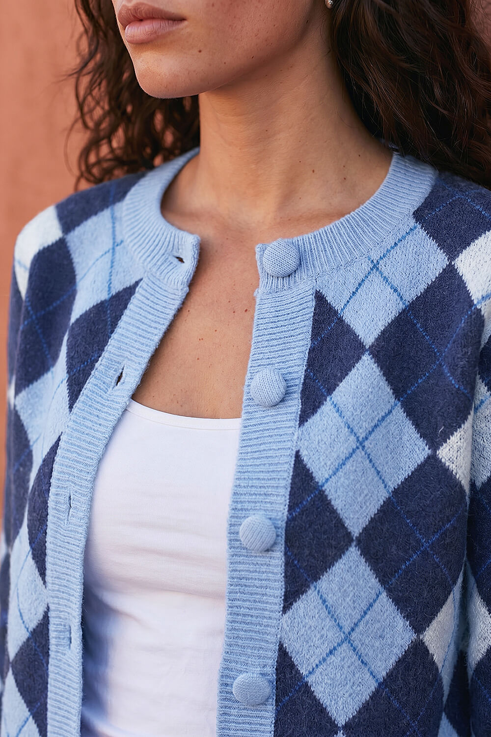 Blue Argyle Buttoned Knit Cardigan, Image 5 of 4
