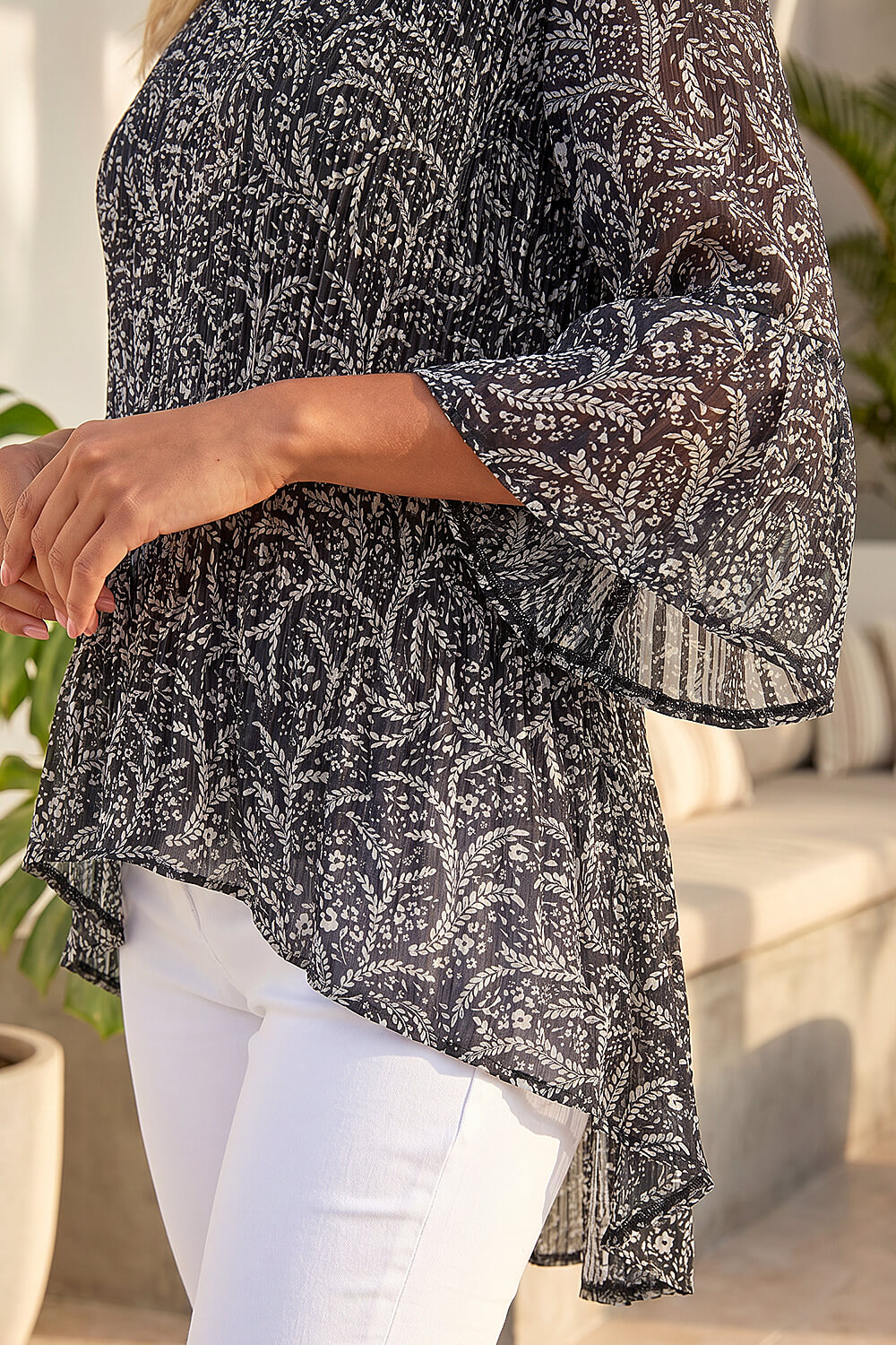 Black Floral Print Pleated Tunic, Image 5 of 4