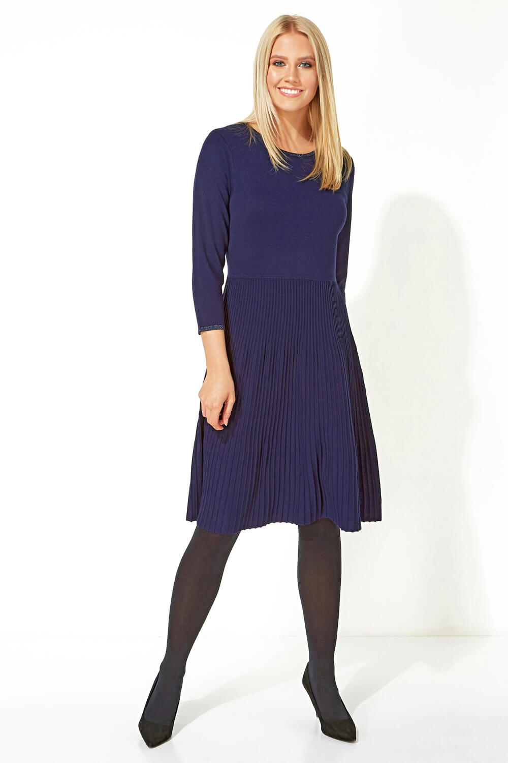Navy Fit and Flare Knitted Dress, Image 3 of 5