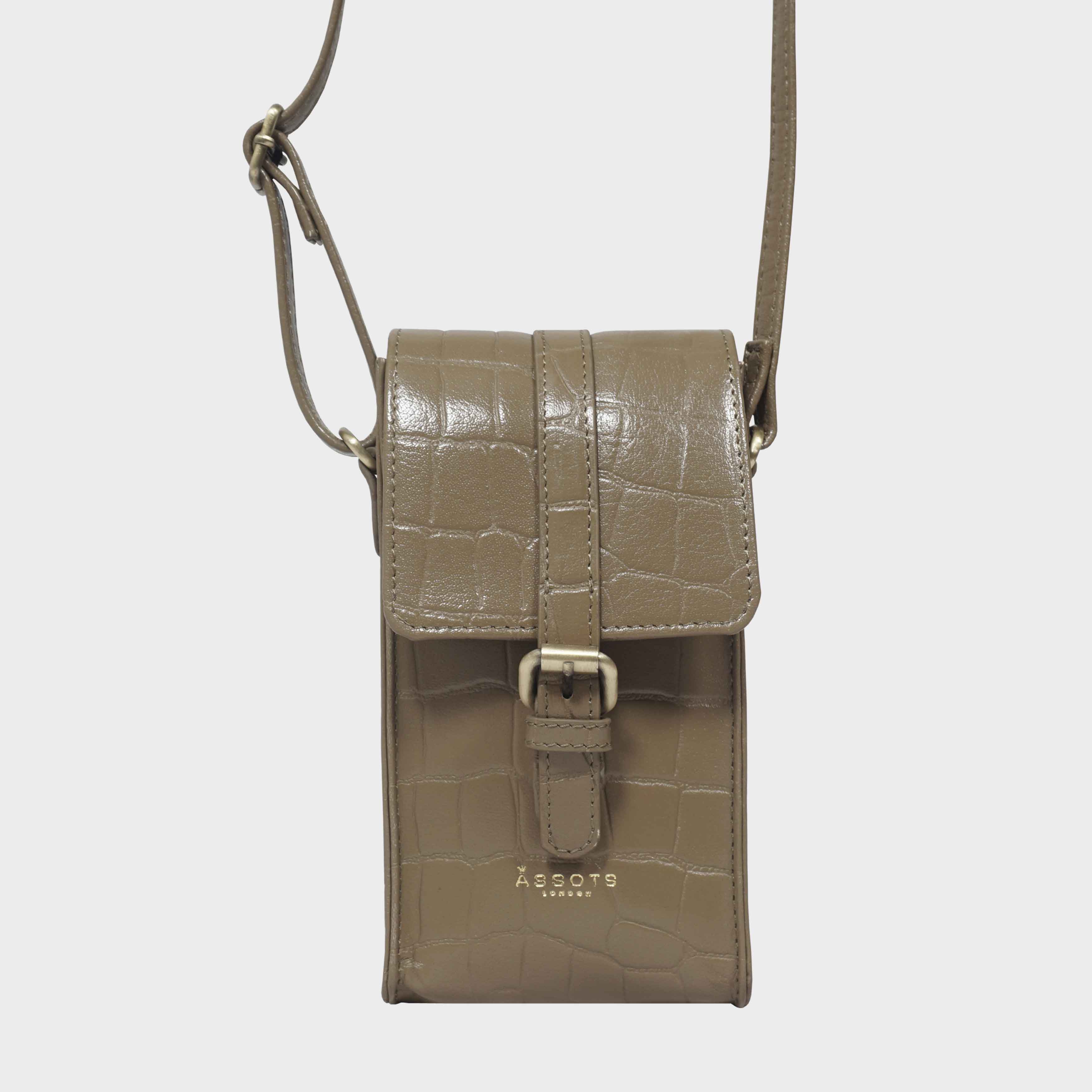 Khaki Assots London Khaki 'PETRA' Croc Real Leather Mobile Phone Crossbody Bag, Image 1 of 6