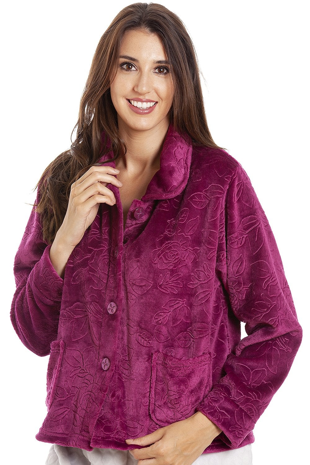 Burgundy Camille Lingerie Burgundy Button Up Rose Embossed Bed Jacket, Image 1 of 5