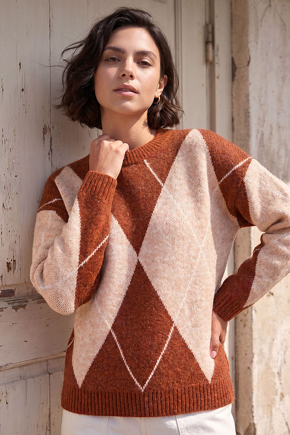 Rust Argyle Knit Jumper, Image 1 of 4