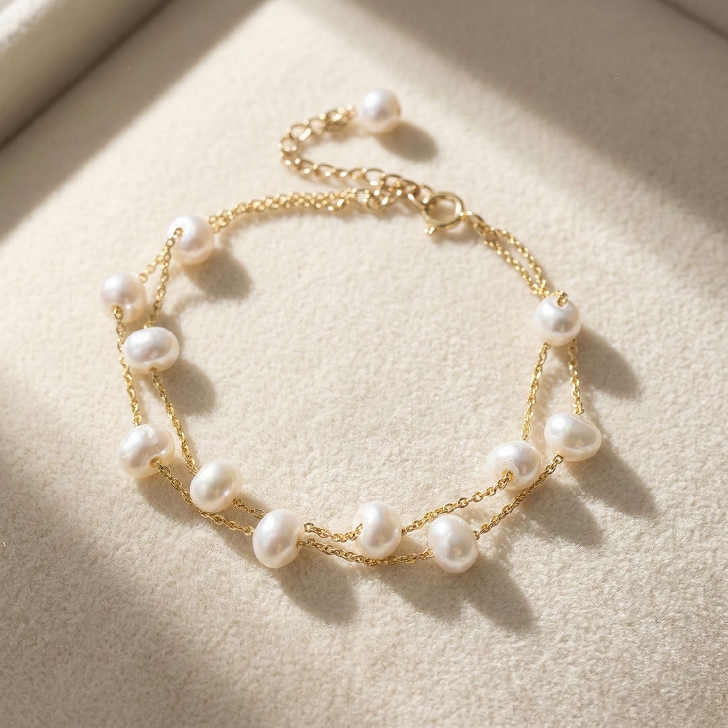 Gold Freshwater Pearl Double Chain Wedding Bracelet Gift, Image 1 of 4