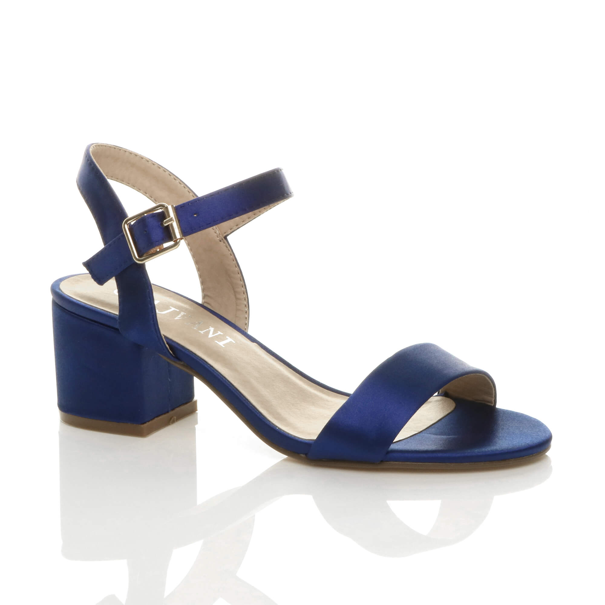 Navy Blue Mid Block Heel Buckle Strappy Sandals, Image 1 of 6