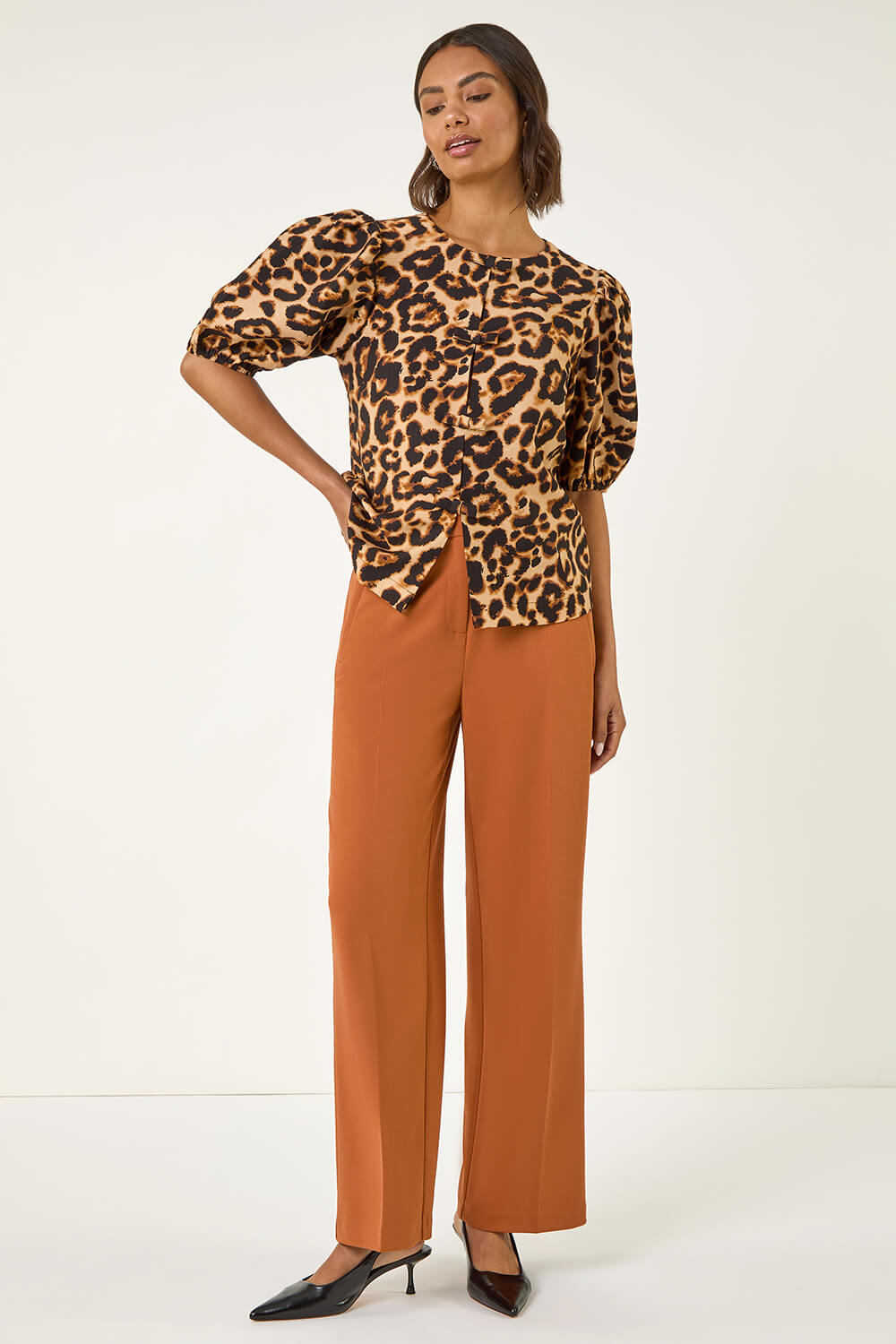 Rust Wide Leg Stretch Trousers, Image 3 of 7