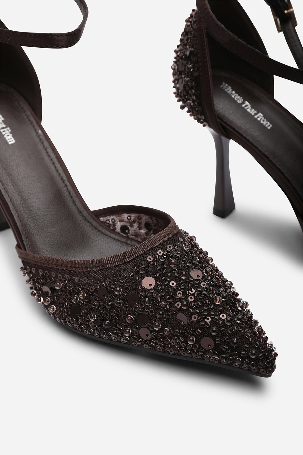 Brown Frances Diamante Mesh Pointed Toe Strap Heels, Image 5 of 6