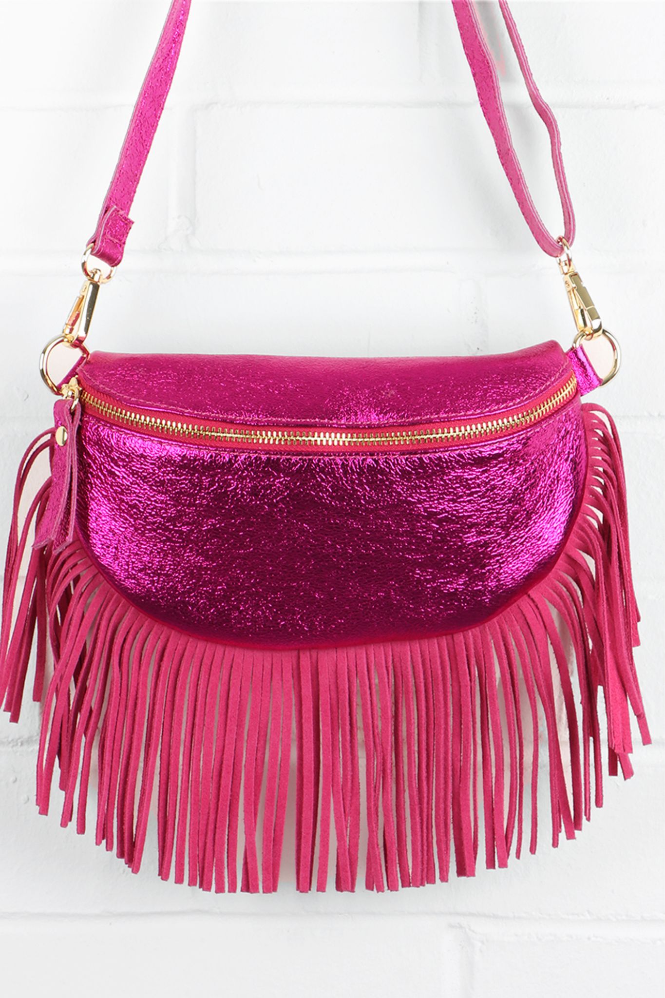 Fuchsia Fringed Half Moon Leather Crossbody Bag, Image 1 of 2