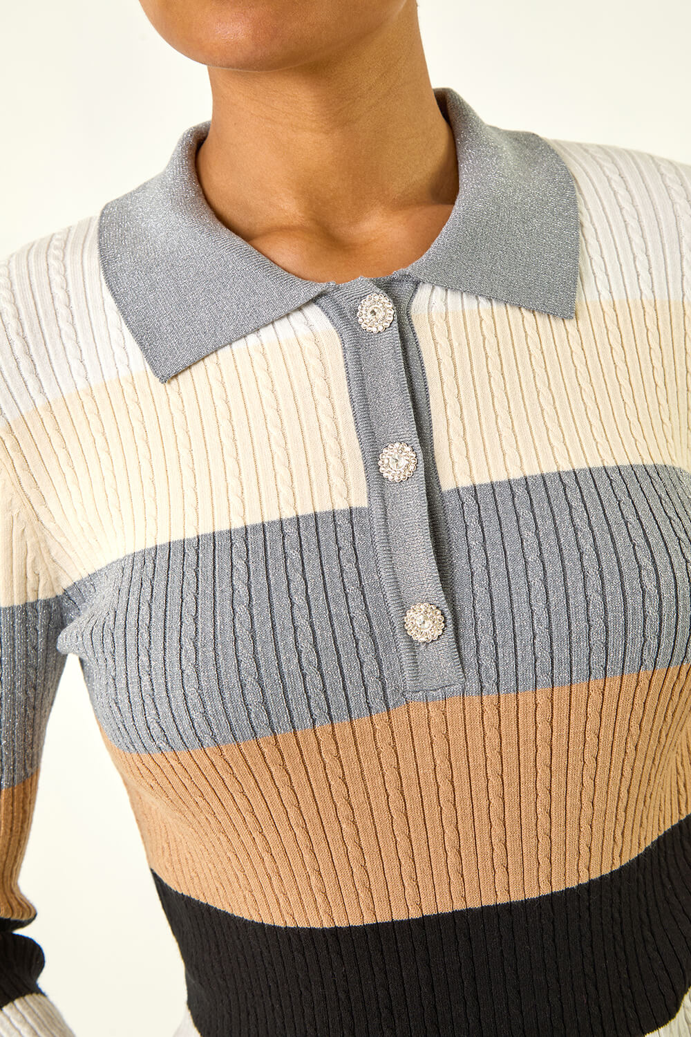 Ivory Stripe Collar Buttoned Knit, Image 6 of 6