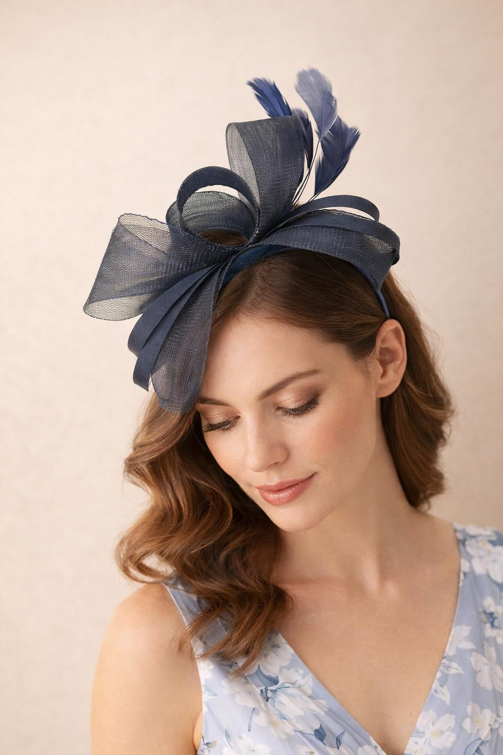 Navy SVNX Navy Bow Shaped Fascinator with Satin Loops & Feathers, Image 1 of 3
