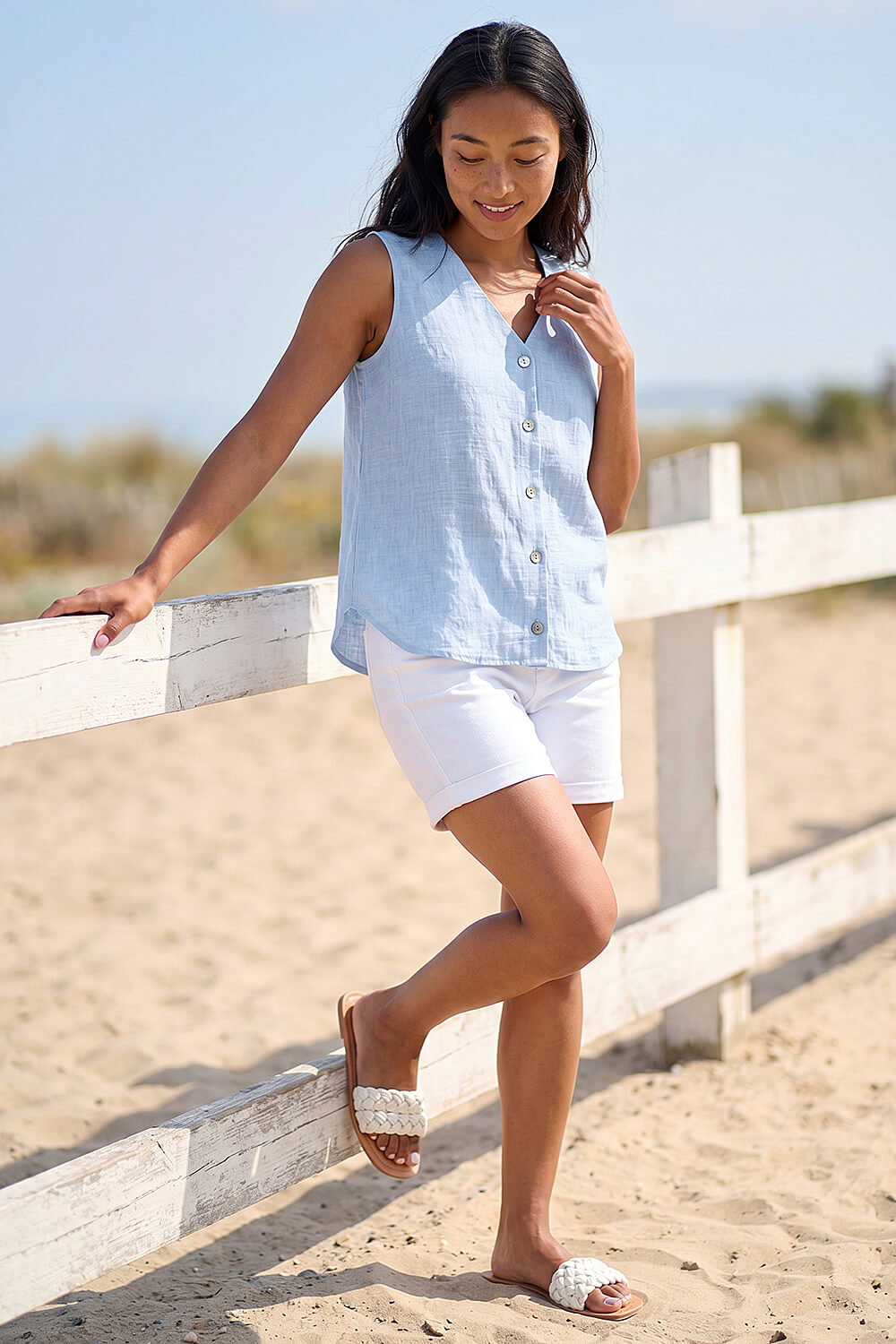 Blue Petite Buttoned Sleeveless Blouse, Image 3 of 4