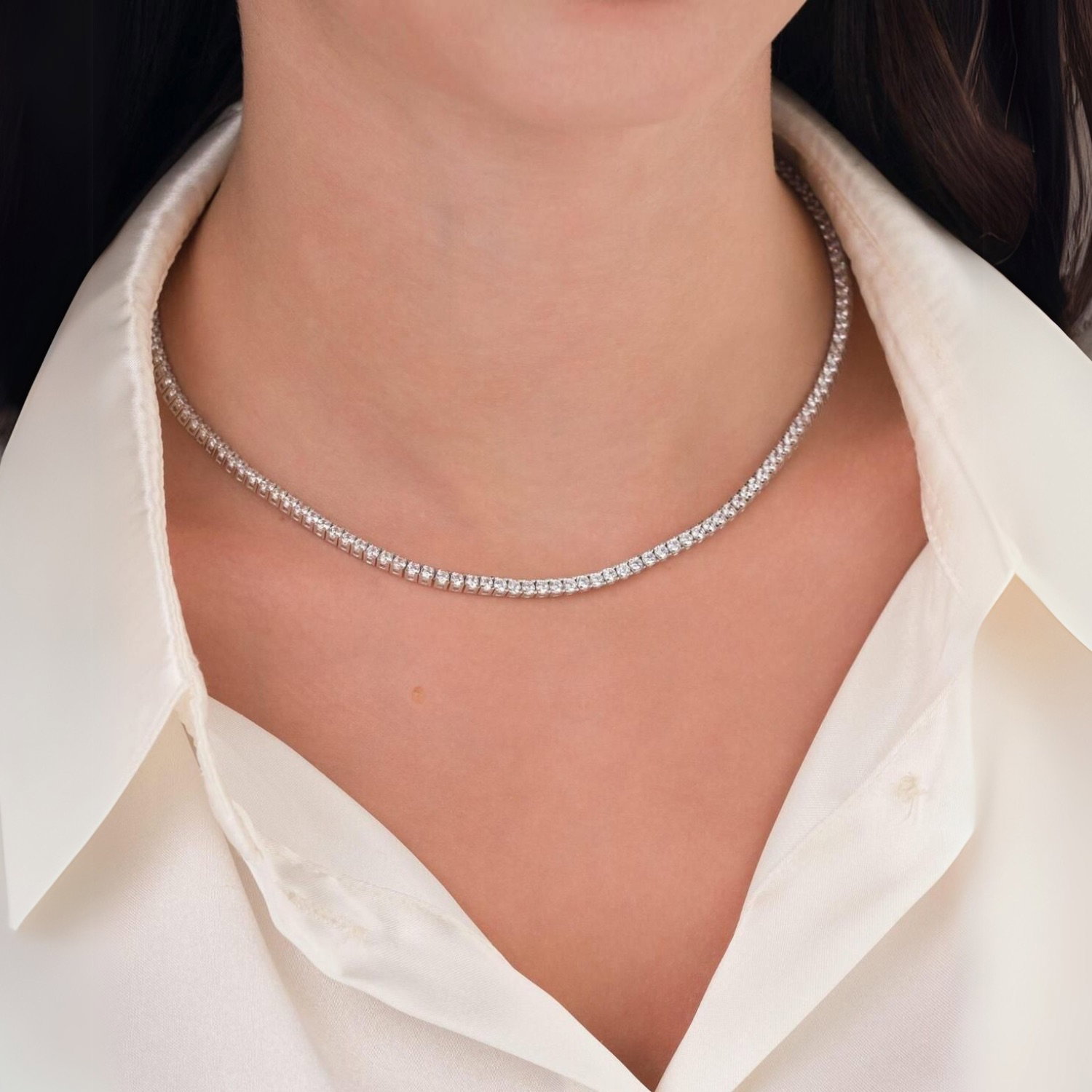 Silver Sterling Silver Large Tennis Necklace - 3mm, Image 4 of 5