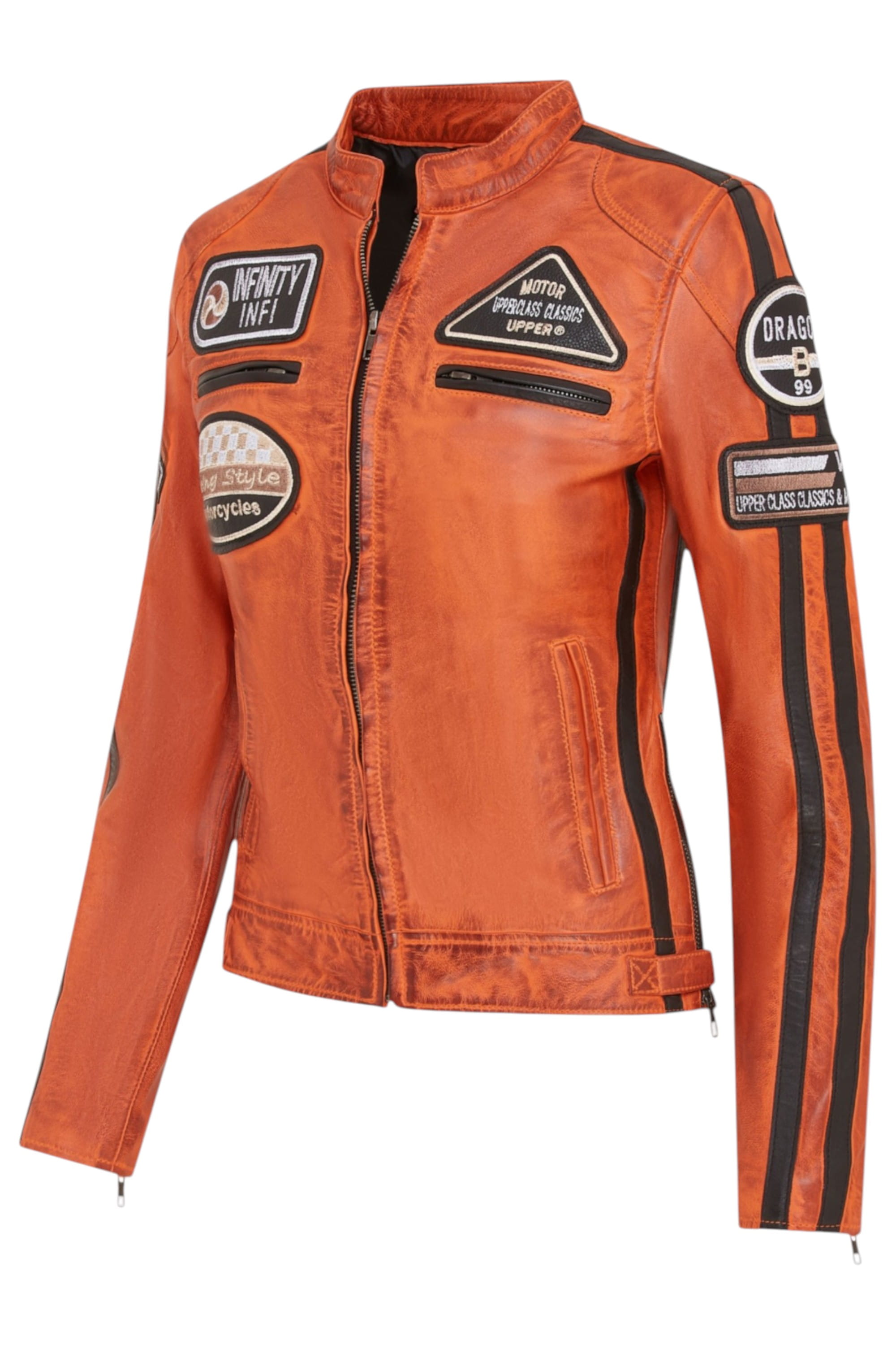Orange Leather Biker Racing Badges Jacket, Image 2 of 5
