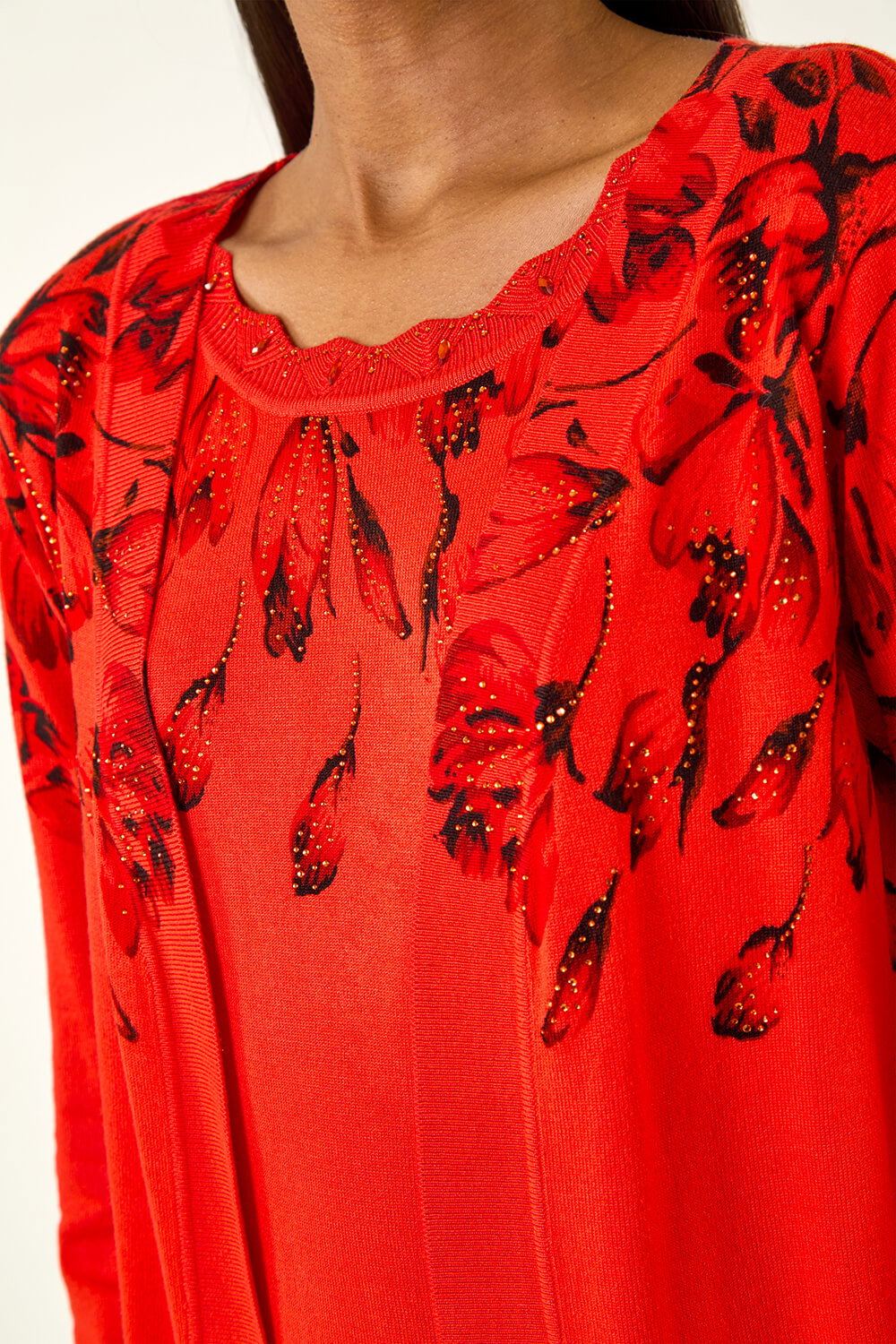 Red Floral Embellished Print Knit Set, Image 6 of 5