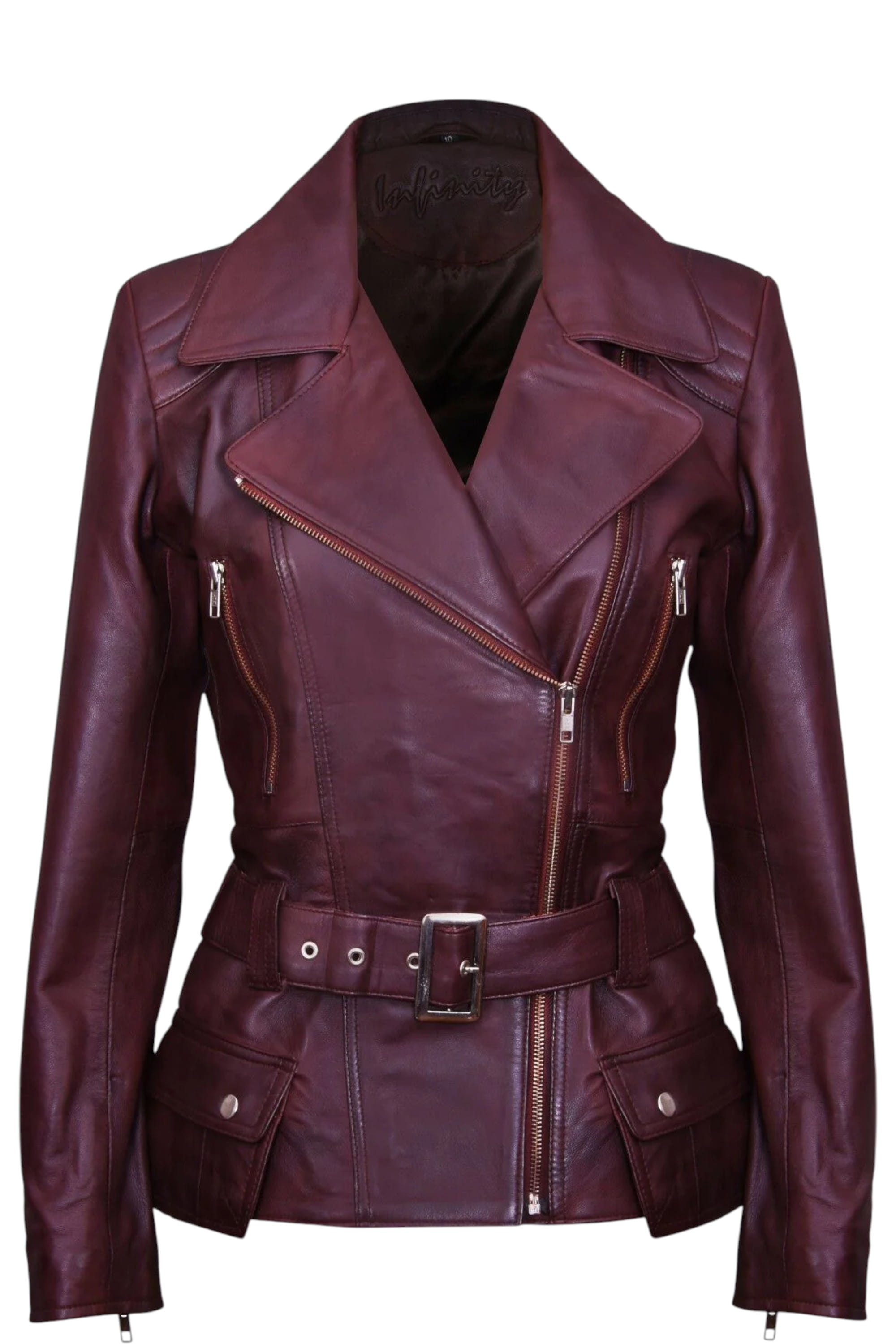Brown Womens Long Leather Biker Jacket-Quito, Image 1 of 4