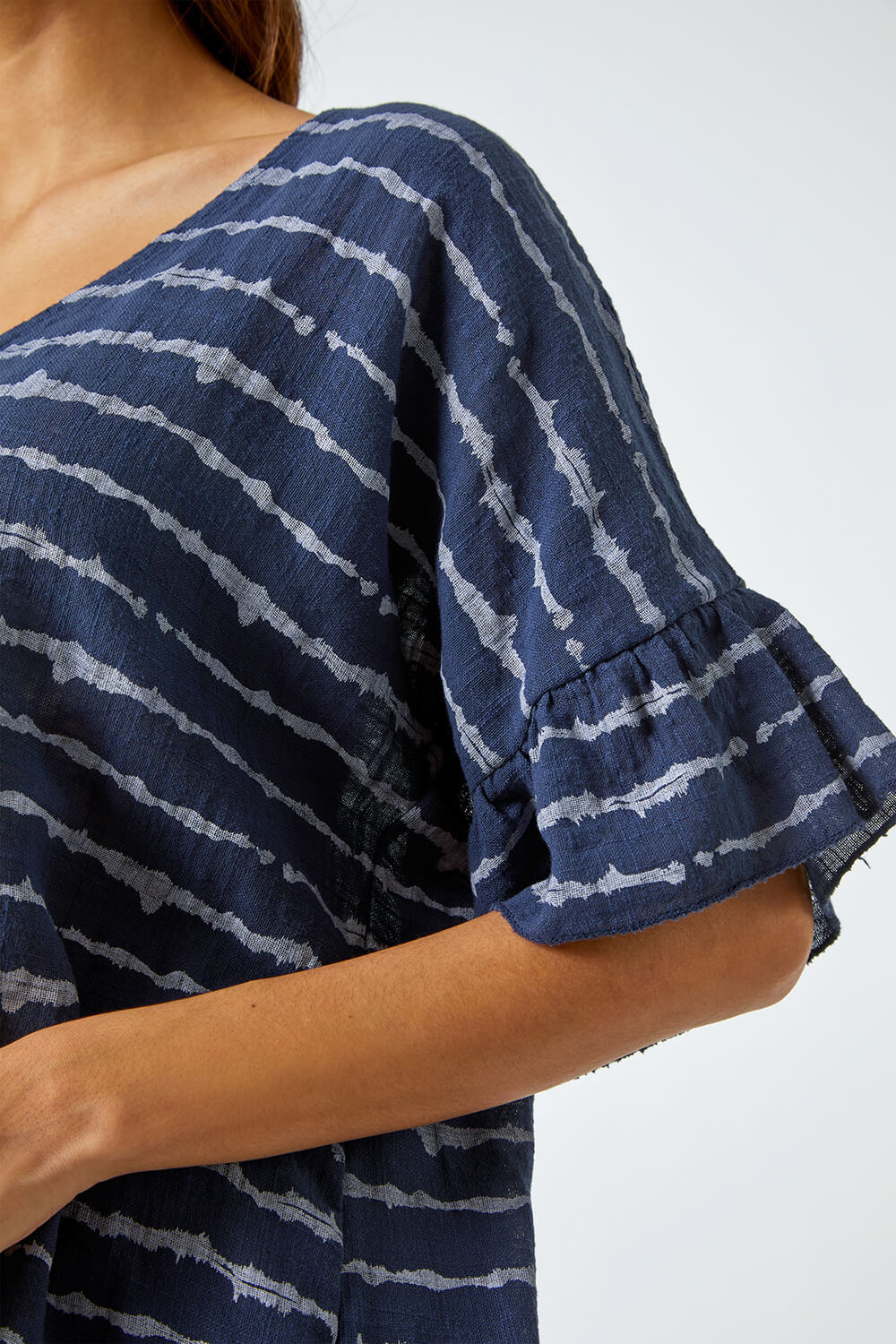 Navy Striped Frill Hem Cotton Tunic Top, Image 6 of 5