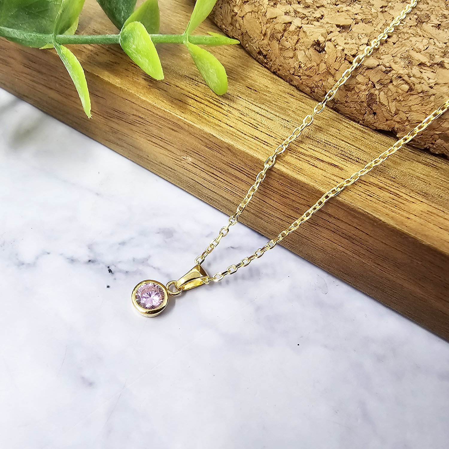 Pink Mini Round Rose Quartz October Birthstone Pendant Necklace, Image 2 of 2