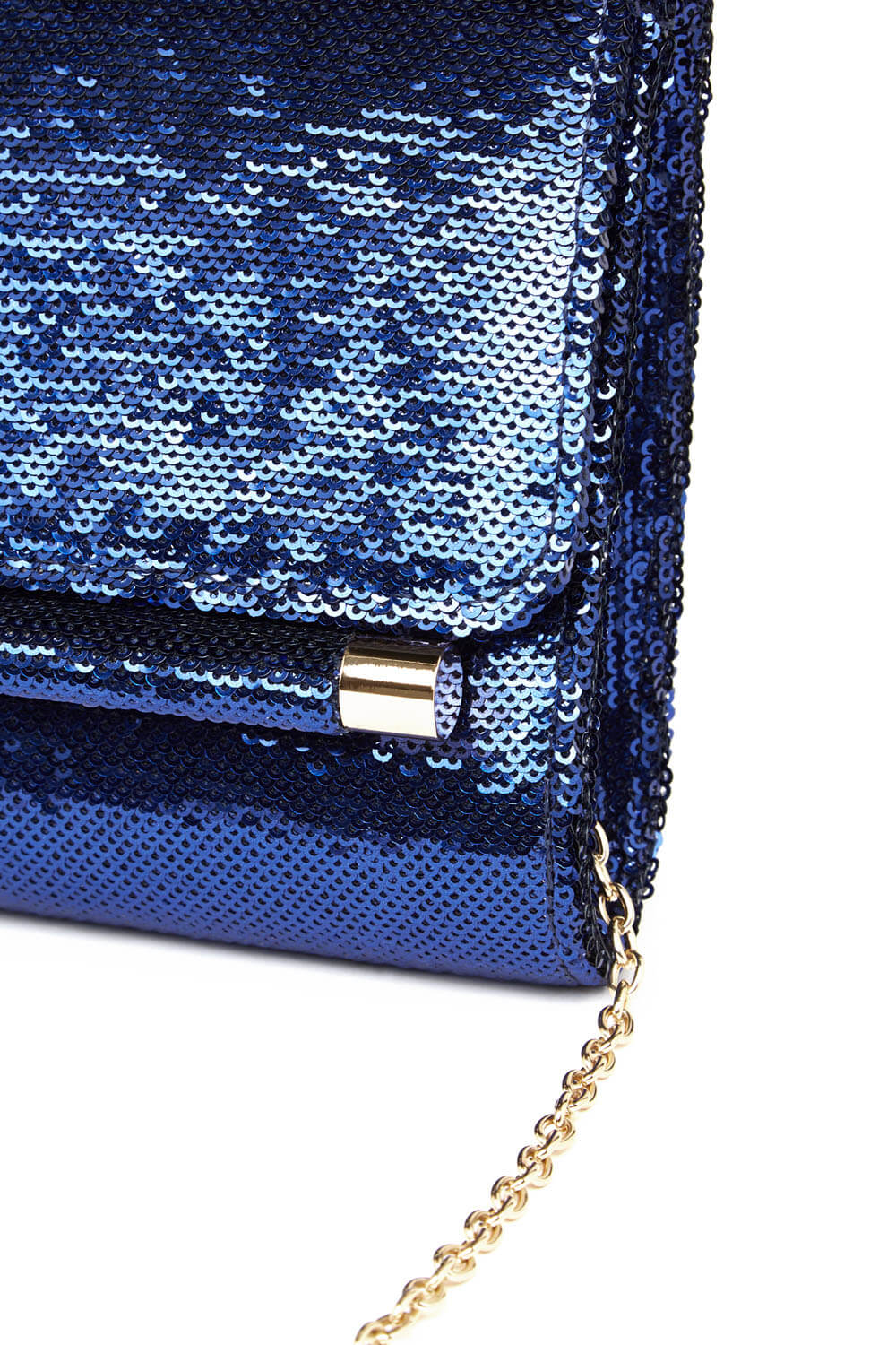 Blue Sequin Foldover Metal Bar Clutch Bag, Image 6 of 5