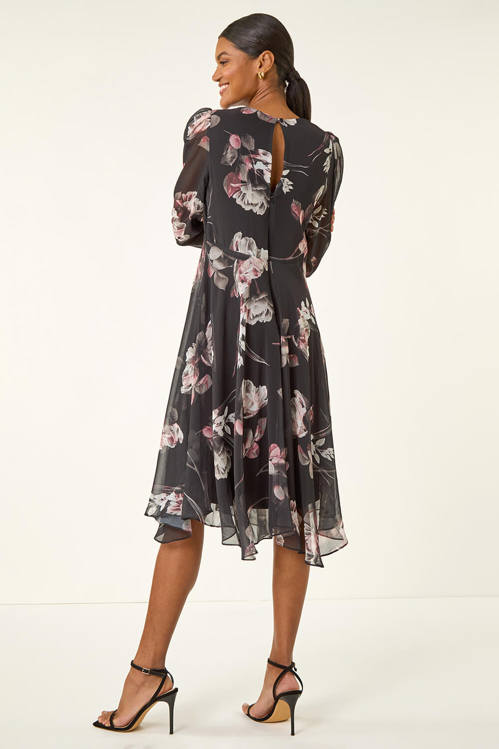 Black Floral Print Hanky Hem Dress, Image 4 of 5