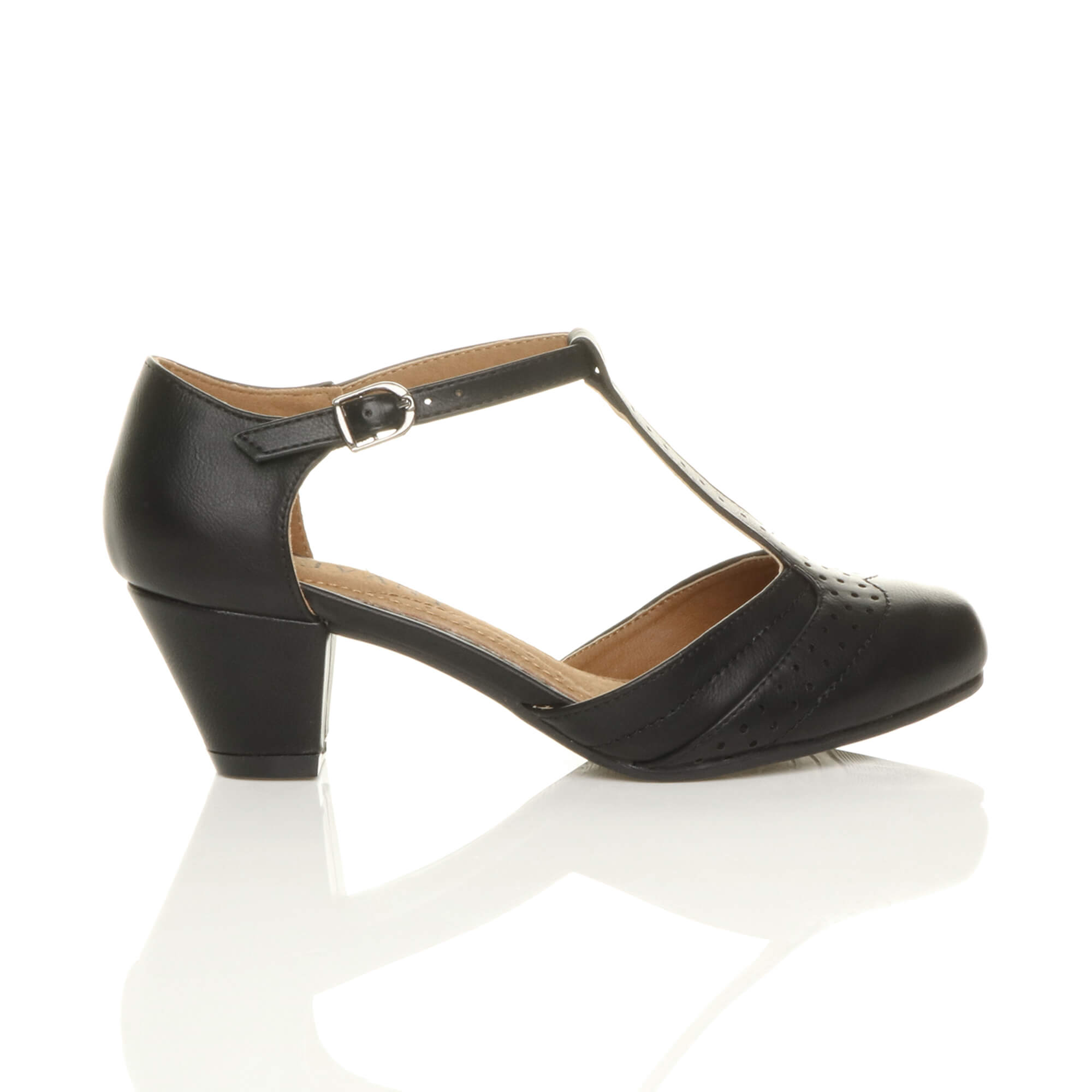 Black AJVANI Black Mid Heel Comfort T-Bar Brogue Heels, Image 2 of 6
