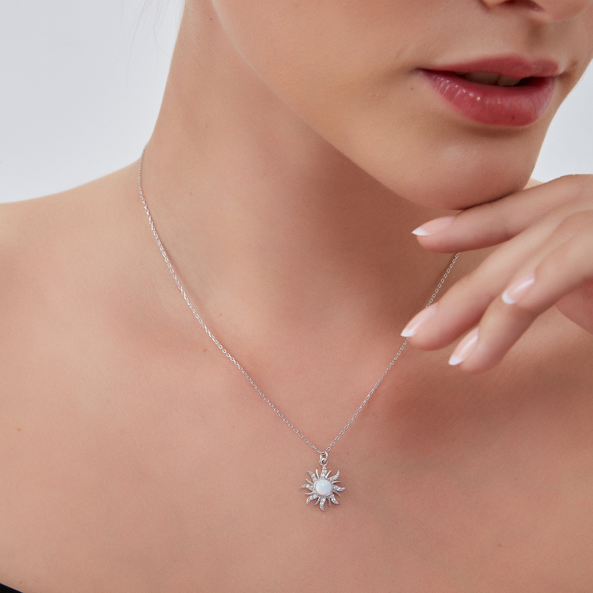 Silver White Opal Sun & Sunburst Necklace in Sterling Silver, Image 4 of 5