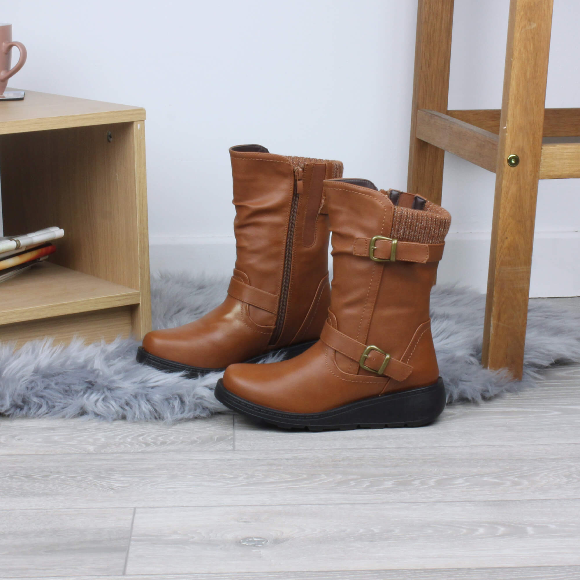 Tan Low Wedge Heel Comfort Calf Biker Boots, Image 4 of 6