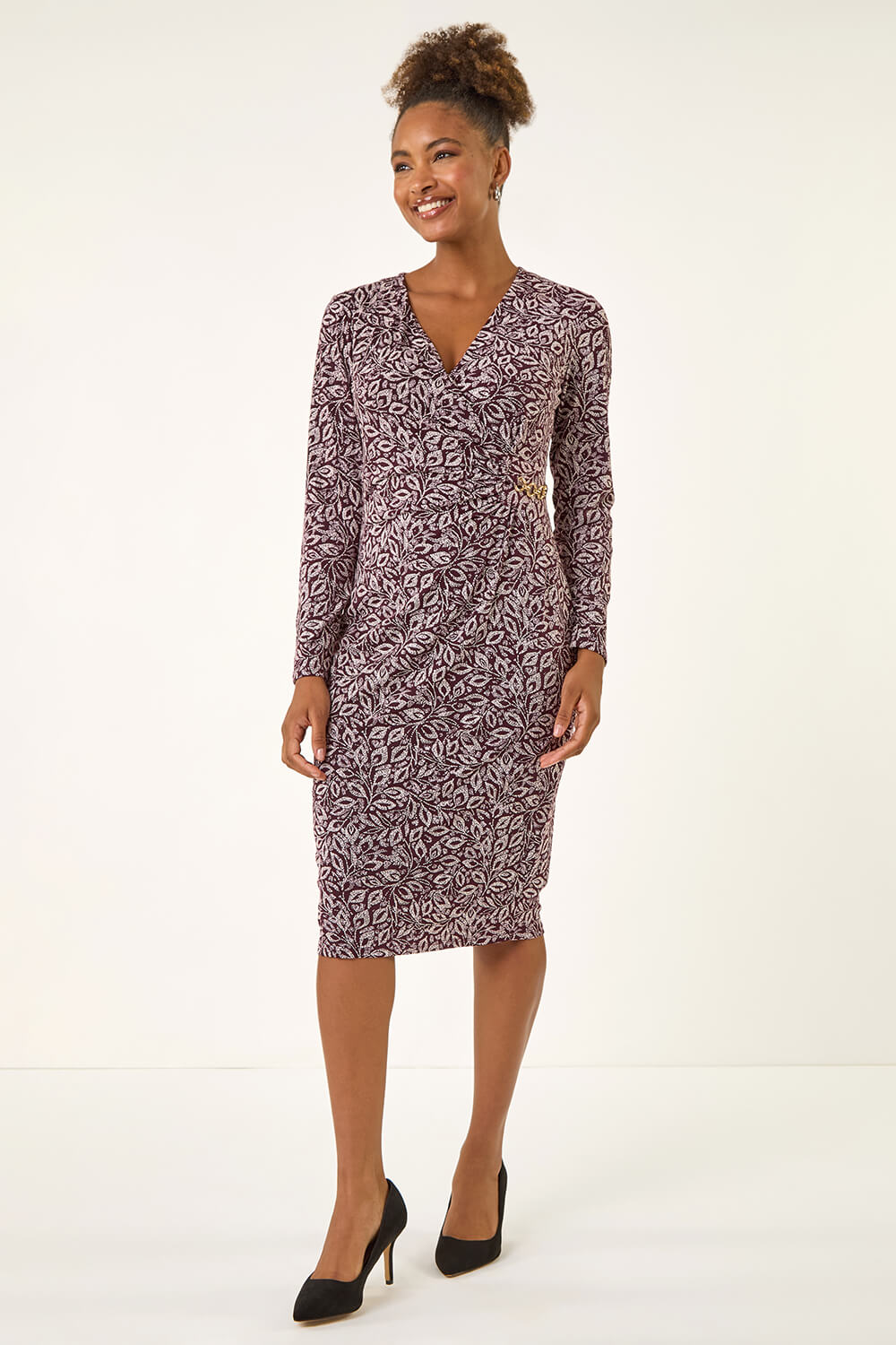 Burgundy Leaf Print Chain Detail Dress, Image 3 of 5