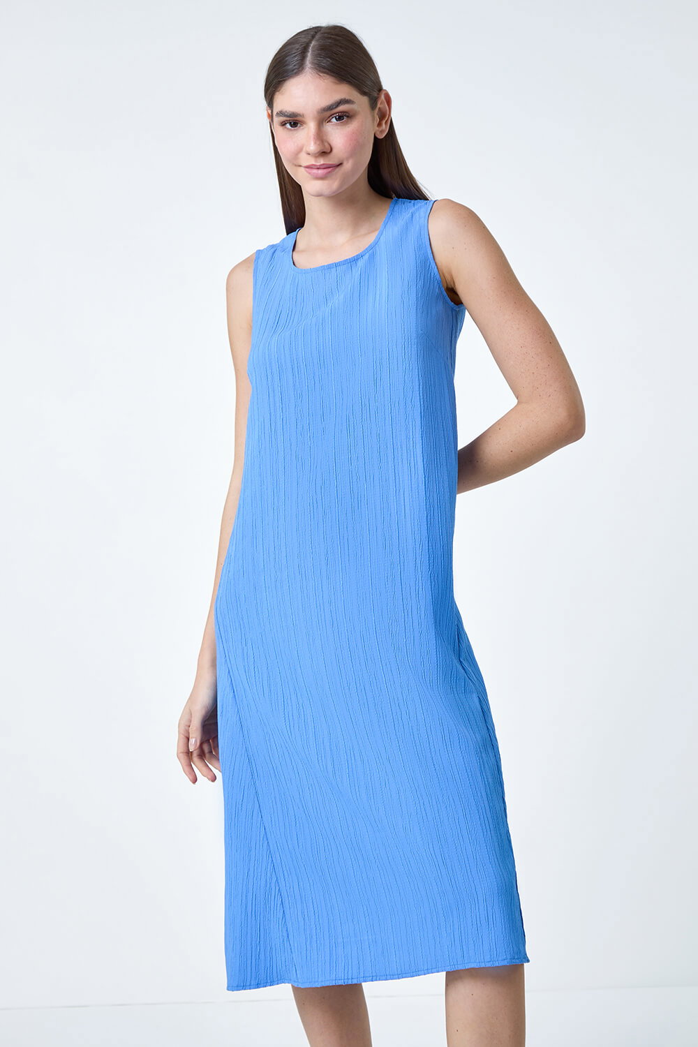 Light Blue Textured Stretch Sleeveless Midi Dress, Image 3 of 5