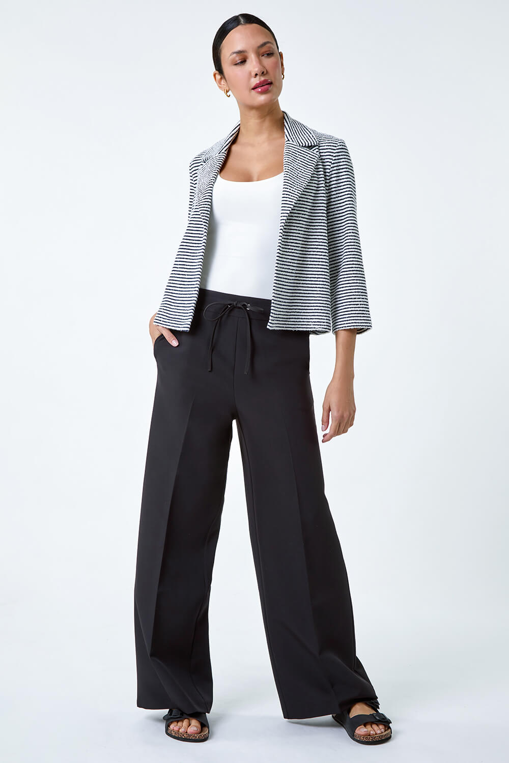 Black Stripe Textured 3/4 Sleeve Cotton Blend Jacket, Image 1 of 5